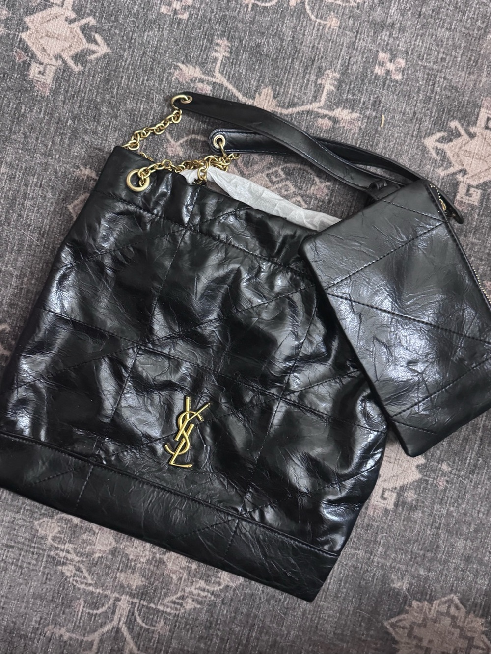 Black Quilted Leather Shoulder Bag with Pouch